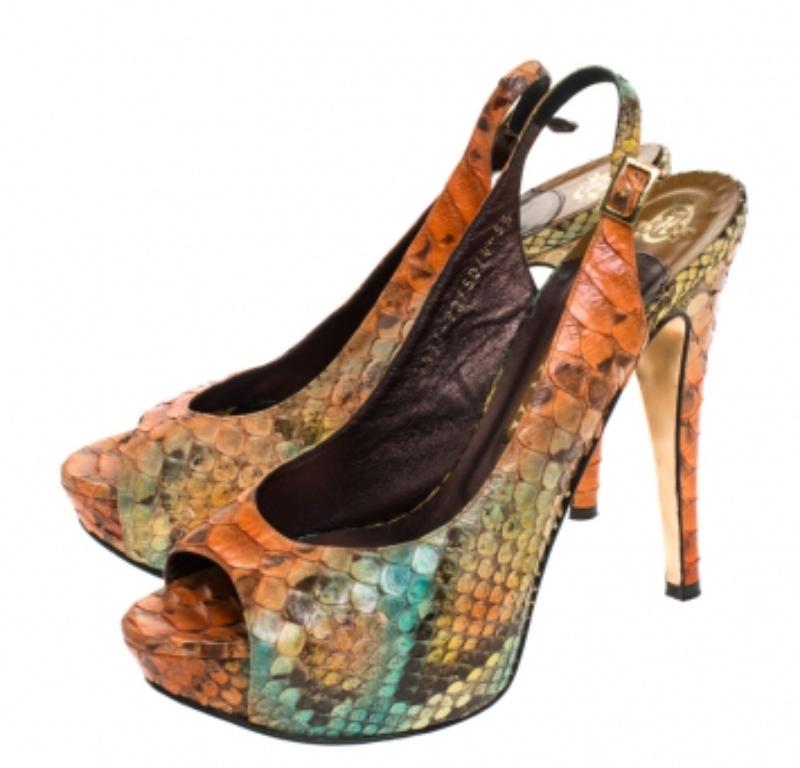 Gina, pelle di pitone multicolore, sandali con piattaforma Peep Toe Slingback misura 38,5 in vendita 2