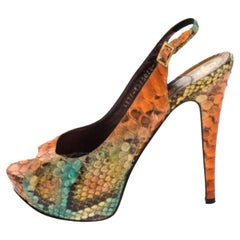 Gina Multicolor Python Leather Peep Toe Platform Slingback Sandals Size 38.5