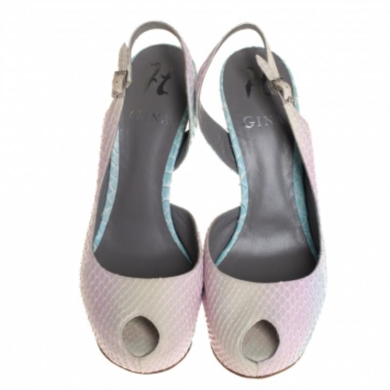Gina Multicolor Python Leder Peep Toe Slingback Sandalen Größe 38.5 Damen im Angebot