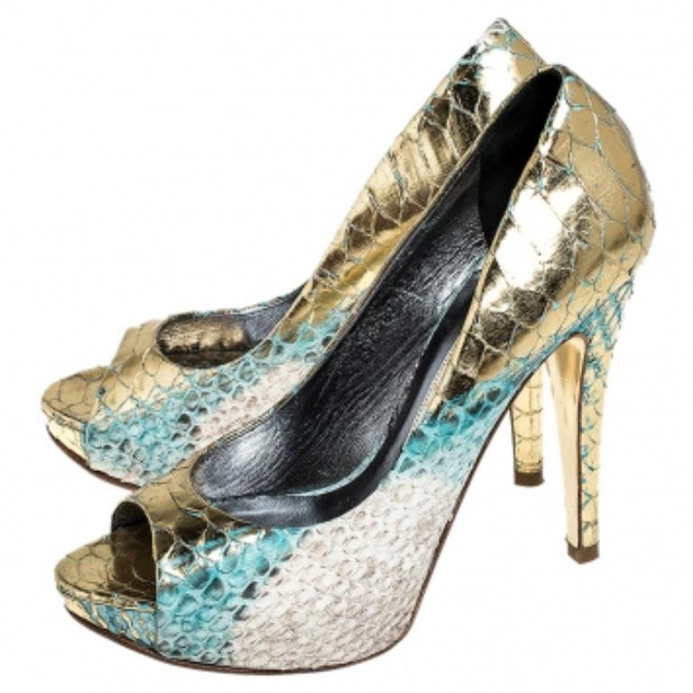 Gris Gina escarpins à bout ouvert en python multicolore, taille 37 en vente