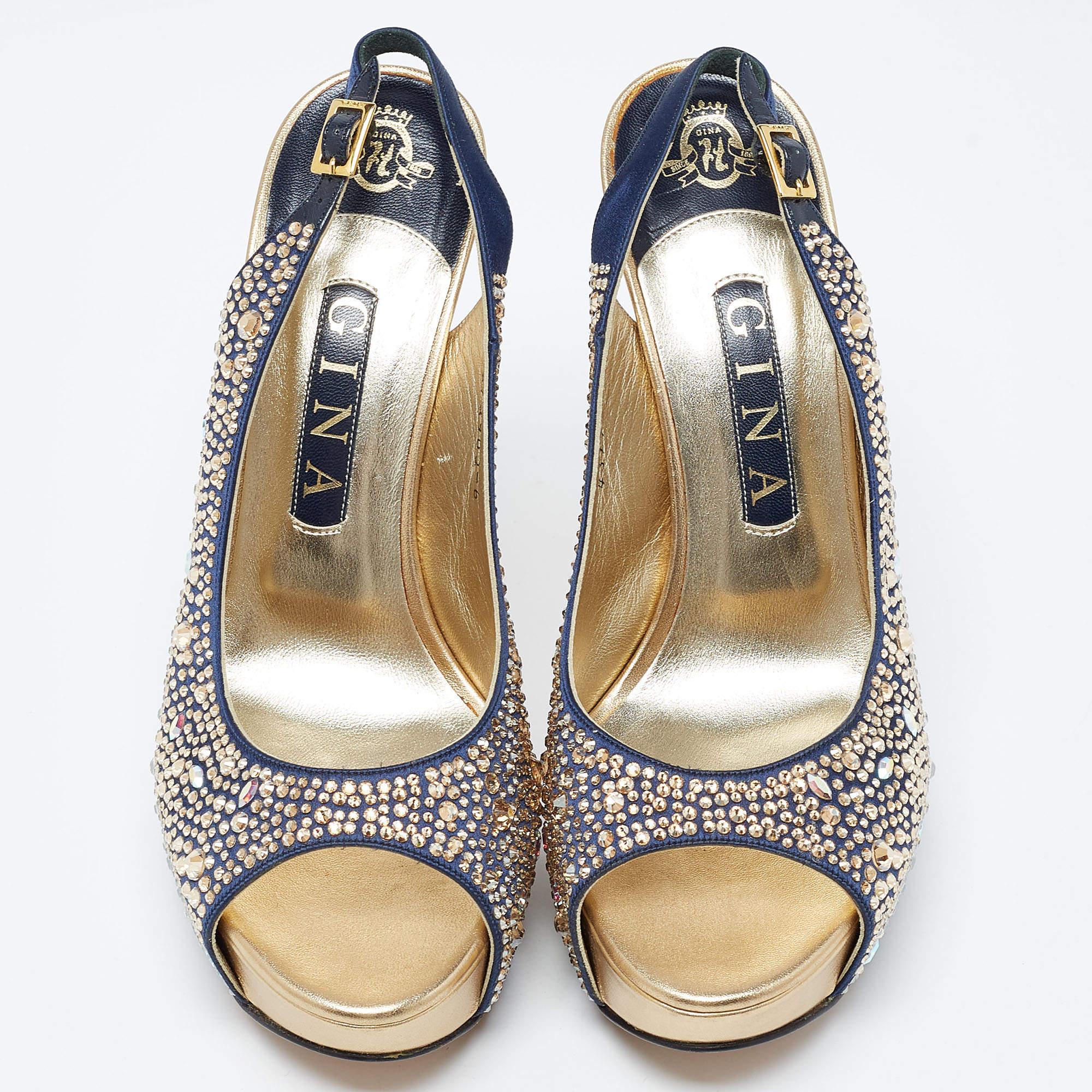 Beige Gina Navy Blue/Gold Crystal Embellished Satin Open Toe Slingback Sandals Size 39 For Sale