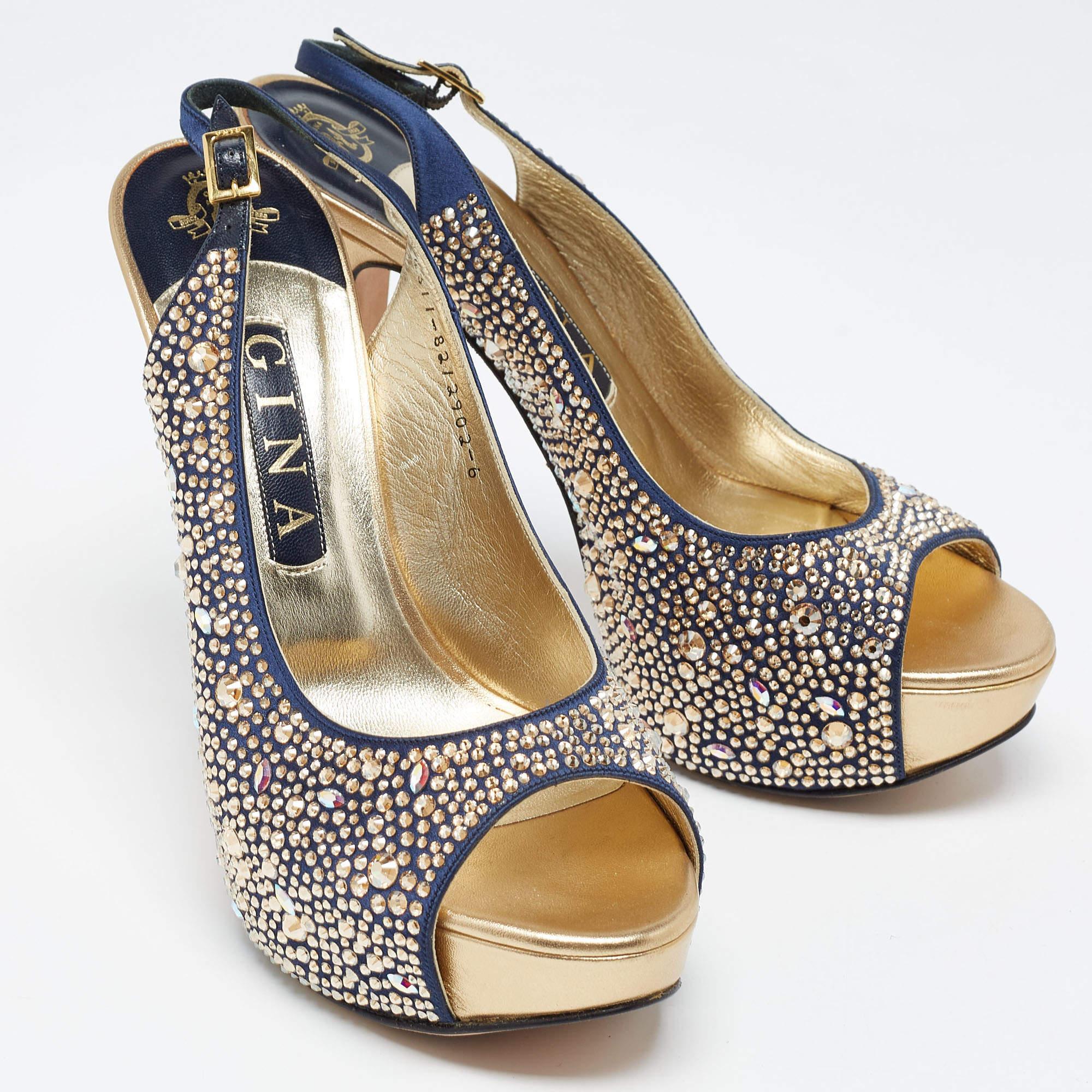 Gina Navy Blue/Gold Crystal Embellished Satin Open Toe Slingback Sandals Size 39 In Good Condition For Sale In Dubai, Al Qouz 2