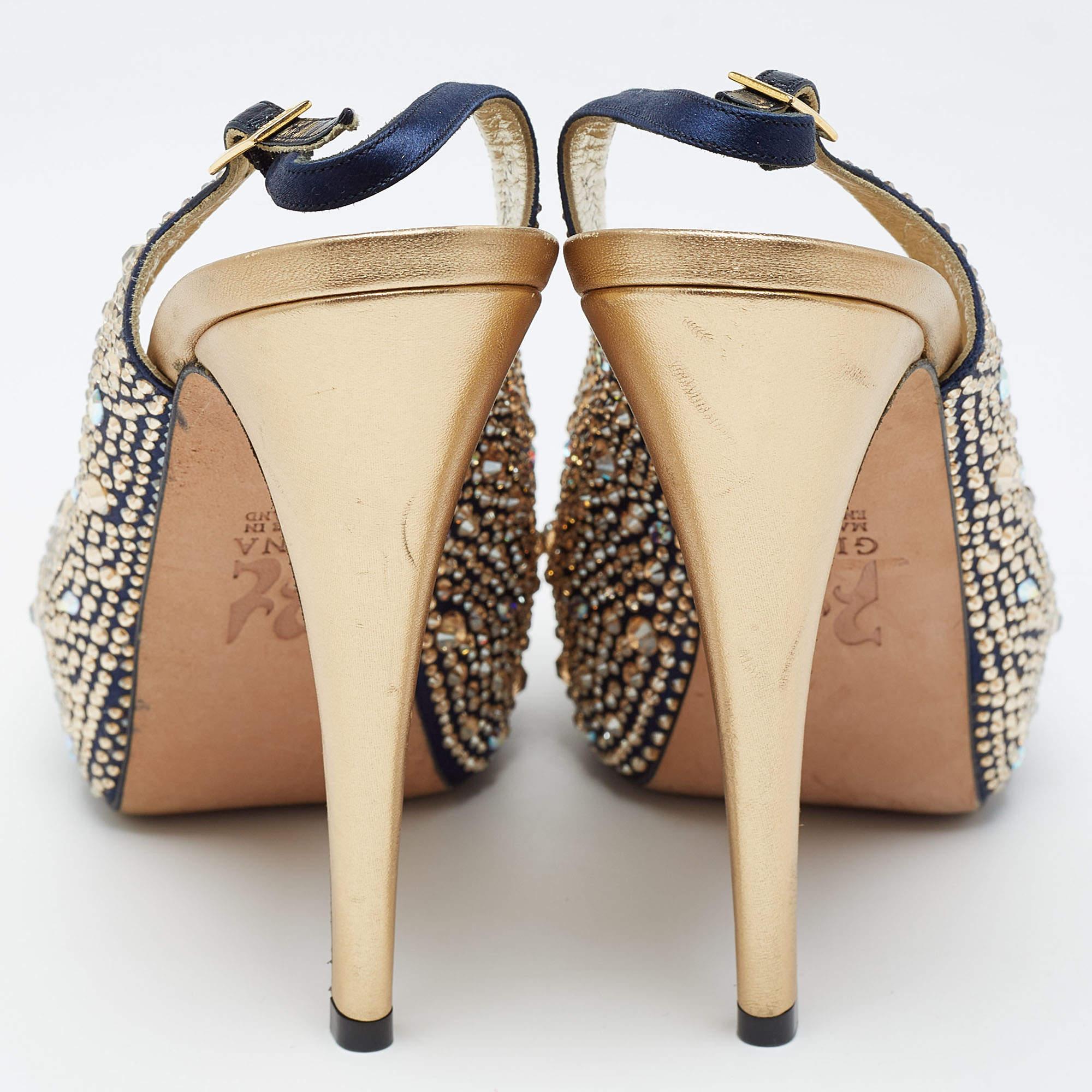 Women's Gina Navy Blue/Gold Crystal Embellished Satin Open Toe Slingback Sandals Size 39 For Sale