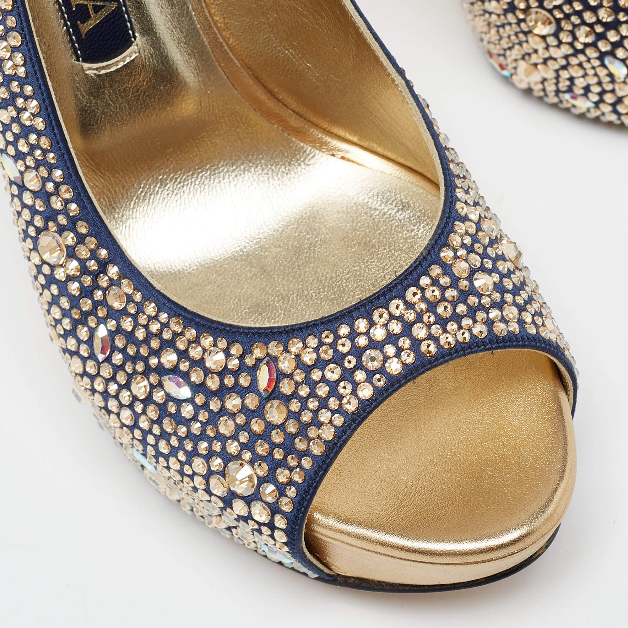Gina Navy Blue/Gold Crystal Embellished Satin Open Toe Slingback Sandals Size 39 For Sale 3