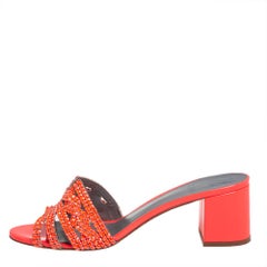 Gina Neon Orange Crystal Embellished Leather Block Heel Slide Sandals Size 40.5