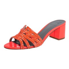 Gina Neon Orange Crystal Embellished Leather Block Heel Slide Sandals Size 40.5