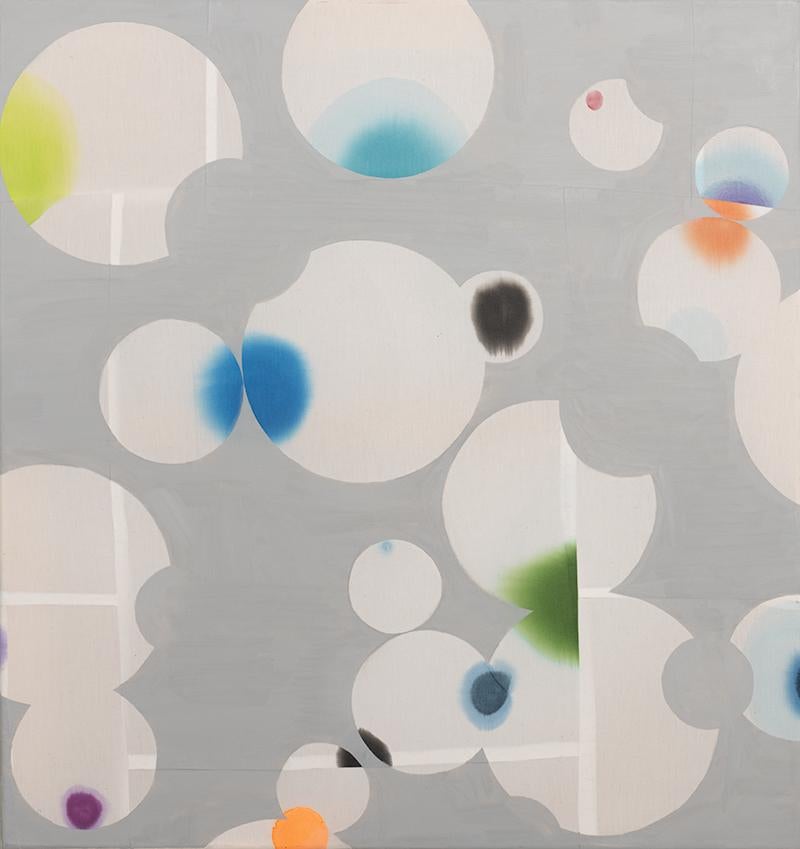 Gina Occhiogrosso Abstract Painting - Shuffle (Abstract Geometric Painting of Colorful Orbs on Muslin Fabric)