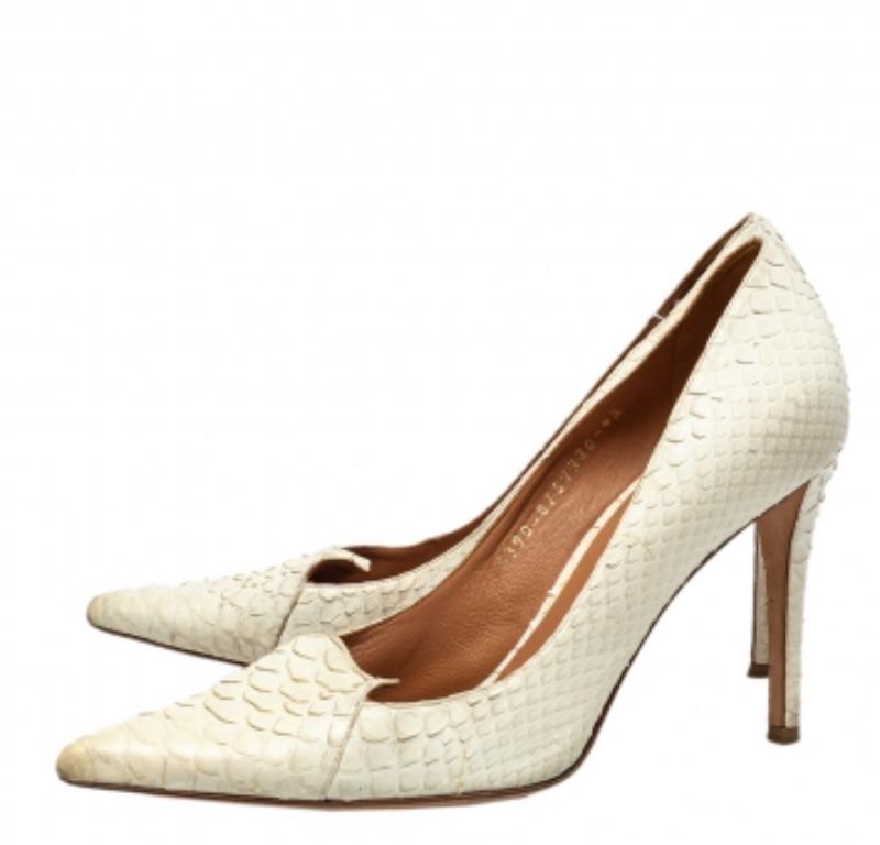 Gina Off White Python Pointed Toe Pumps Size 37.5 For Sale 1