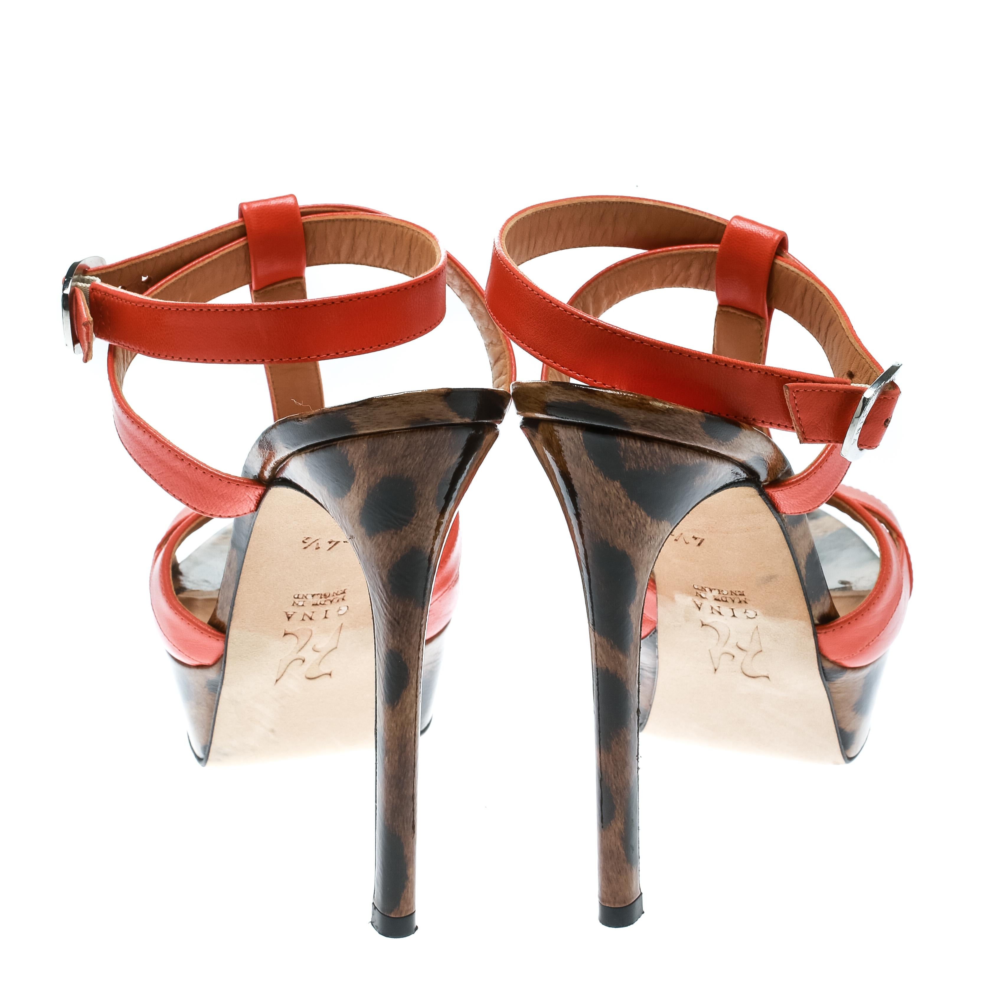 Women's Gina Orange Leather Ankle Strap Platform Sandals Size 37.5 For Sale