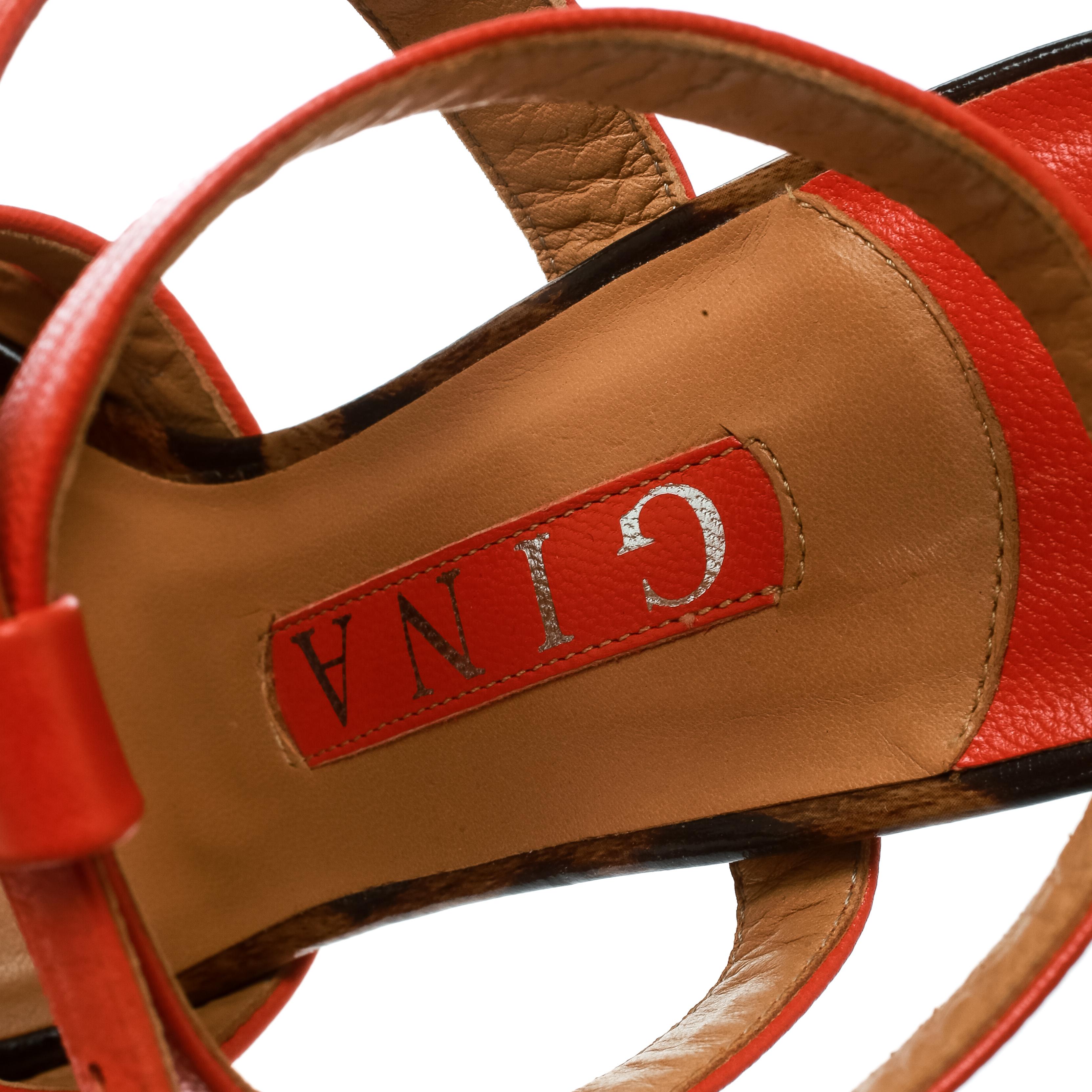 Gina Orange Leather Ankle Strap Platform Sandals Size 37.5 For Sale 2