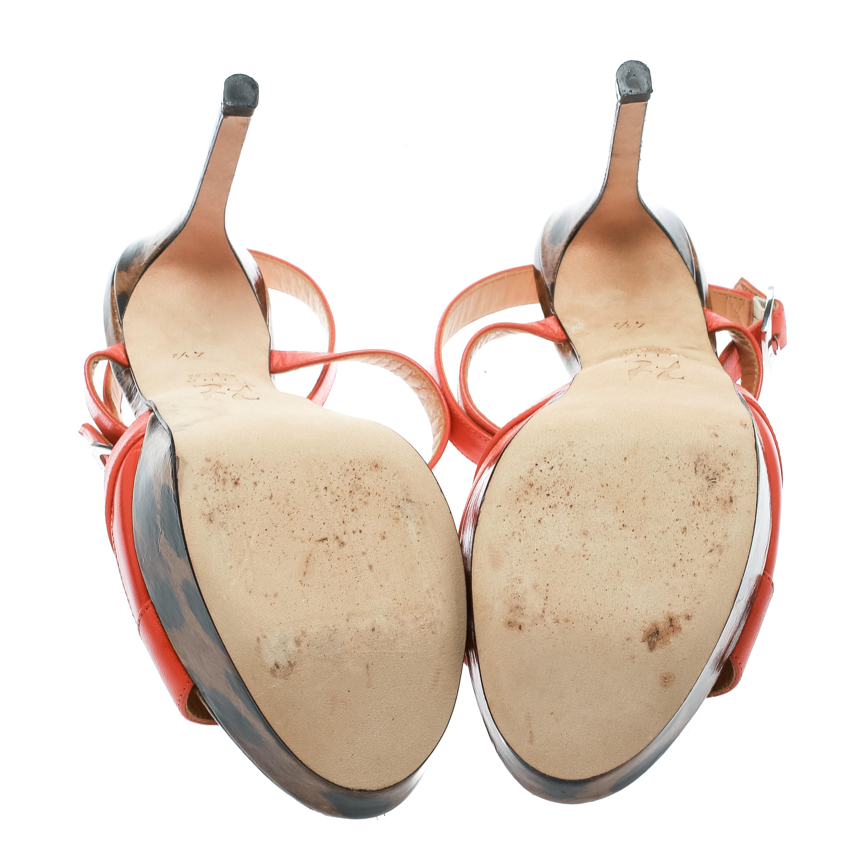 Gina Orange Leather Ankle Strap Platform Sandals Size 37.5 For Sale 3