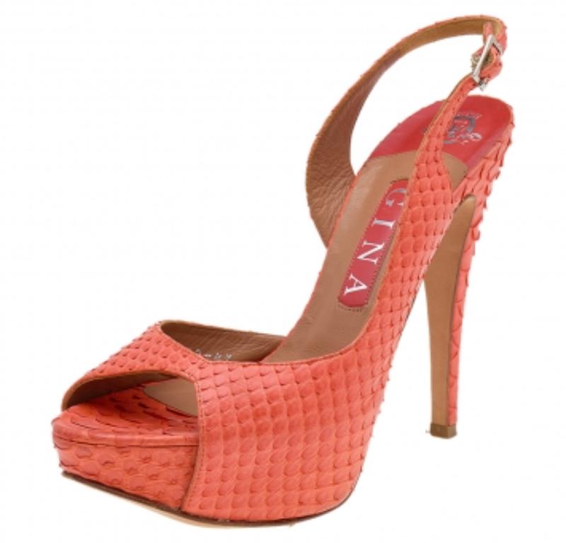 Gina - Sandali alla caviglia in pelle di pitone arancione misura 37,5 in vendita 1