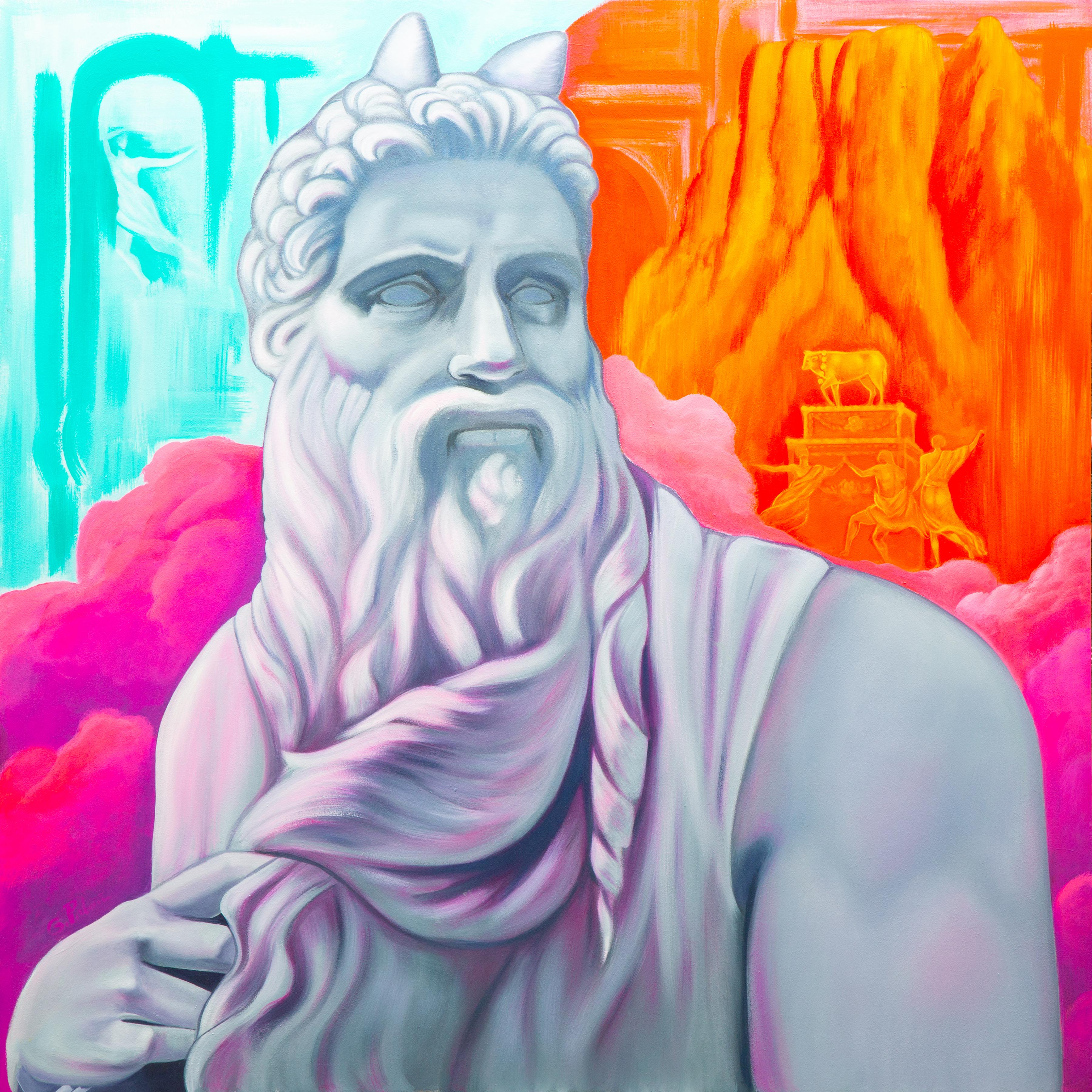 Gina Palmerin Figurative Painting - Colorful Biblical Portrait of Moses, "I Shall Not Obey"