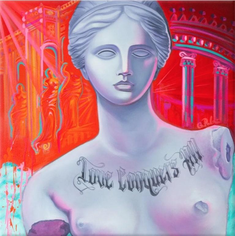 Gina Palmerin Figurative Painting - Figurative Neoclassical Oil Painting, "Love Conquers All"