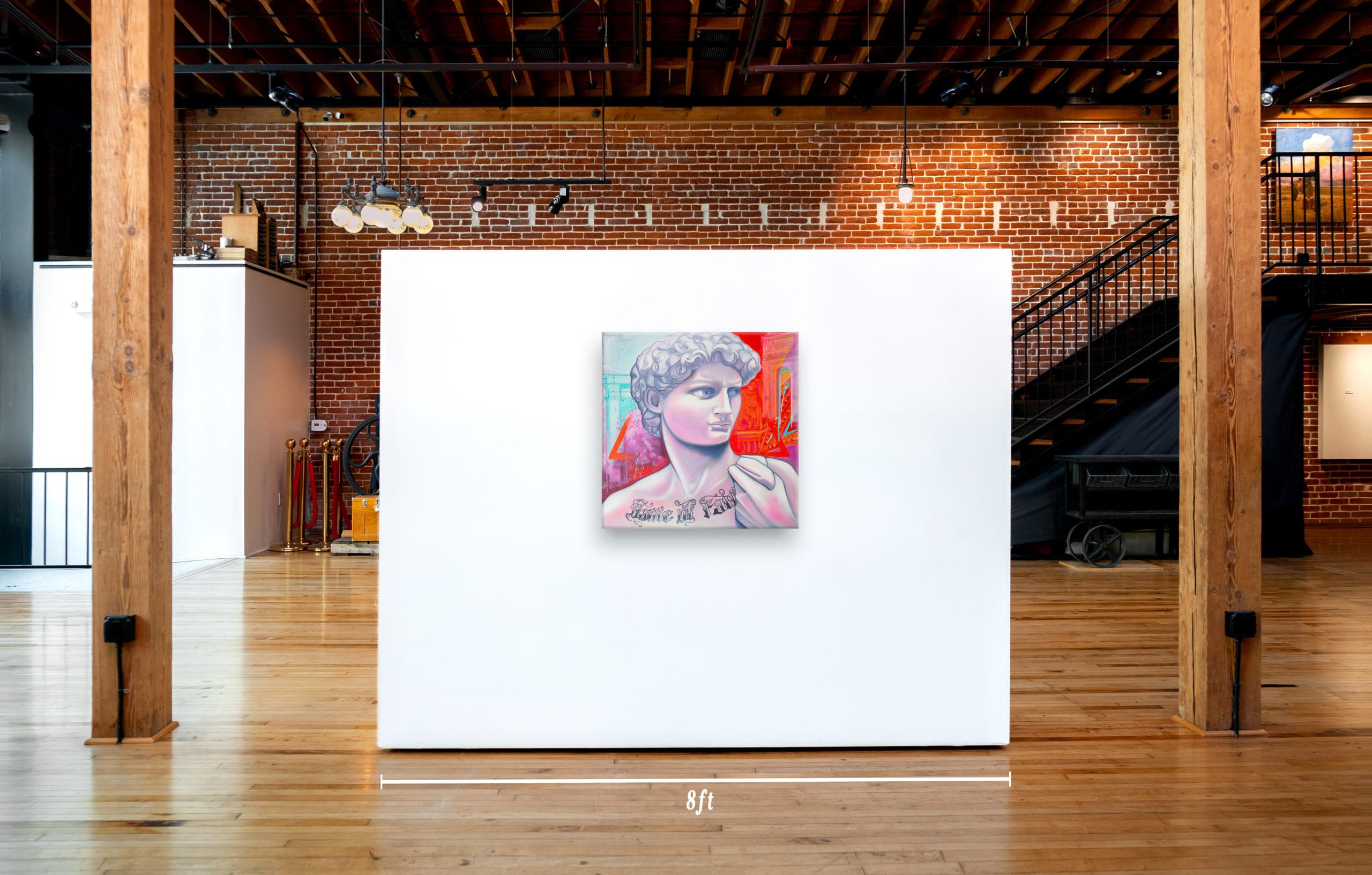 Éste es un cuadro neoclásico original al óleo y acrílico, único en su género, que representa la famosa escultura del David de Miguel Ángel, obra de la artista del sur de California Gina Palmerin. Sus dimensiones son 30x30. No tiene marco. Un