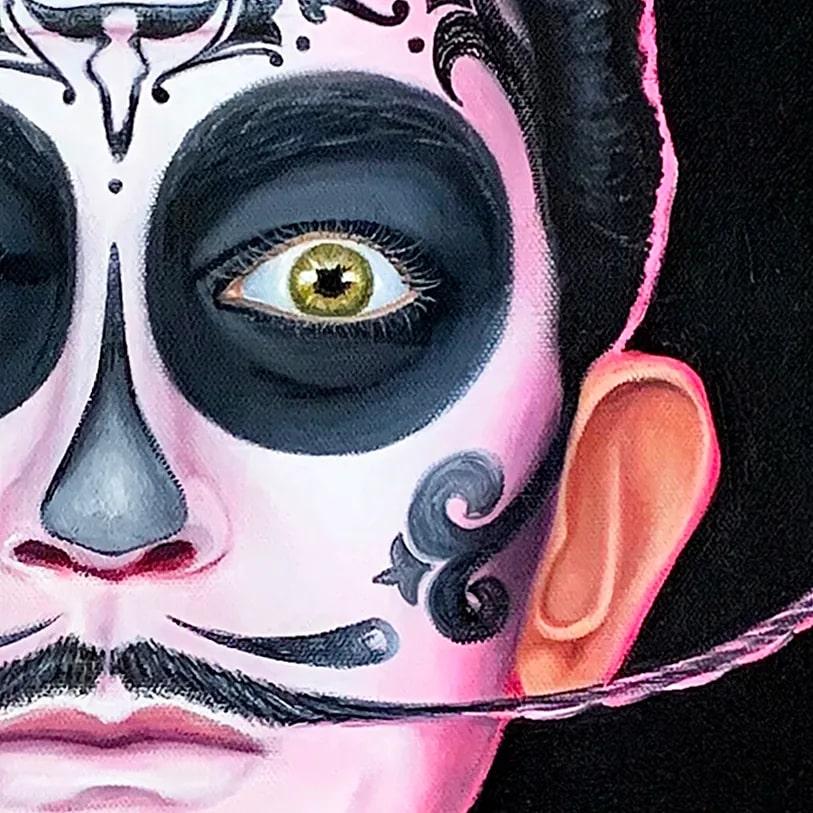 Dies ist ein einzigartiges Originalporträt der surrealistischen Ikone Salvador Dali in Öl und Acryl auf Leinwand von Gina Palmerin, einer Künstlerin aus Südkalifornien. Seine Abmessungen sind 30x30. Es wird ungerahmt geliefert. Nach der Lieferung
