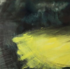 Peinture d'art abstraite noir et jaune « What the Night Delivers », Art contemporain