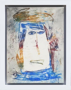 "Transparent" Blue, Yellow, and Red Abstract Figurative Painting of a Face