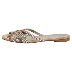 Gina Pink/Brown Crystal Embellished Leather Flat Slides Size 39