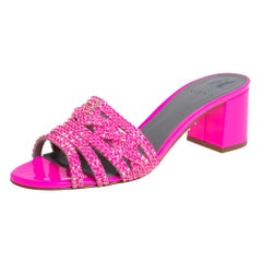 Gina Pink Crystal Embellished Leather Block Heel Slide Sandals Size 40
