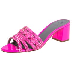 Gina Pink Crystal Embellished Leather Block Heel Slide Sandals Size 40
