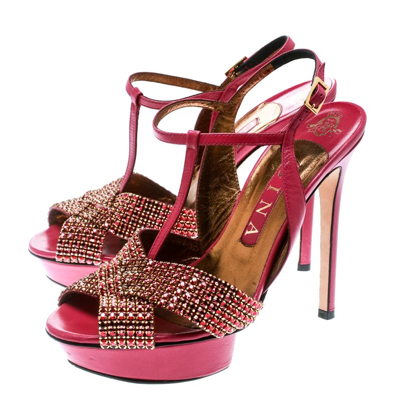 Gina Pink Crystal Embellished Leather T Strap Platform Sandals Size 38 In Good Condition In Dubai, Al Qouz 2