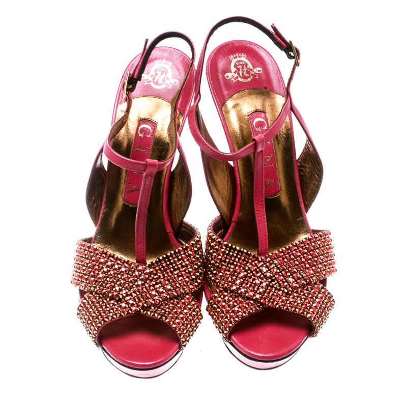 Women's Gina Pink Crystal Embellished Leather T Strap Platform Sandals Size 38