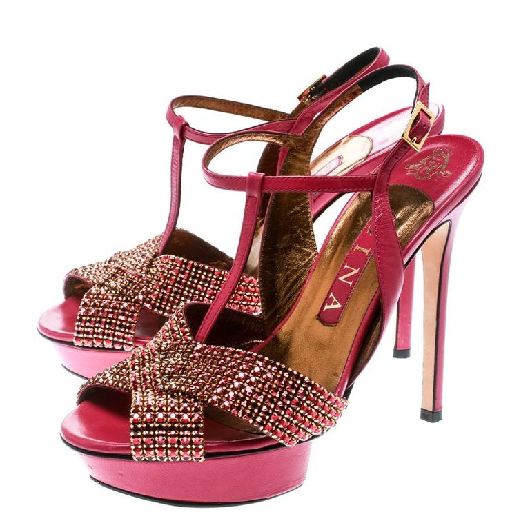 Gina Pink Crystal Embellished Leather T Strap Platform Sandals Size 38 ...