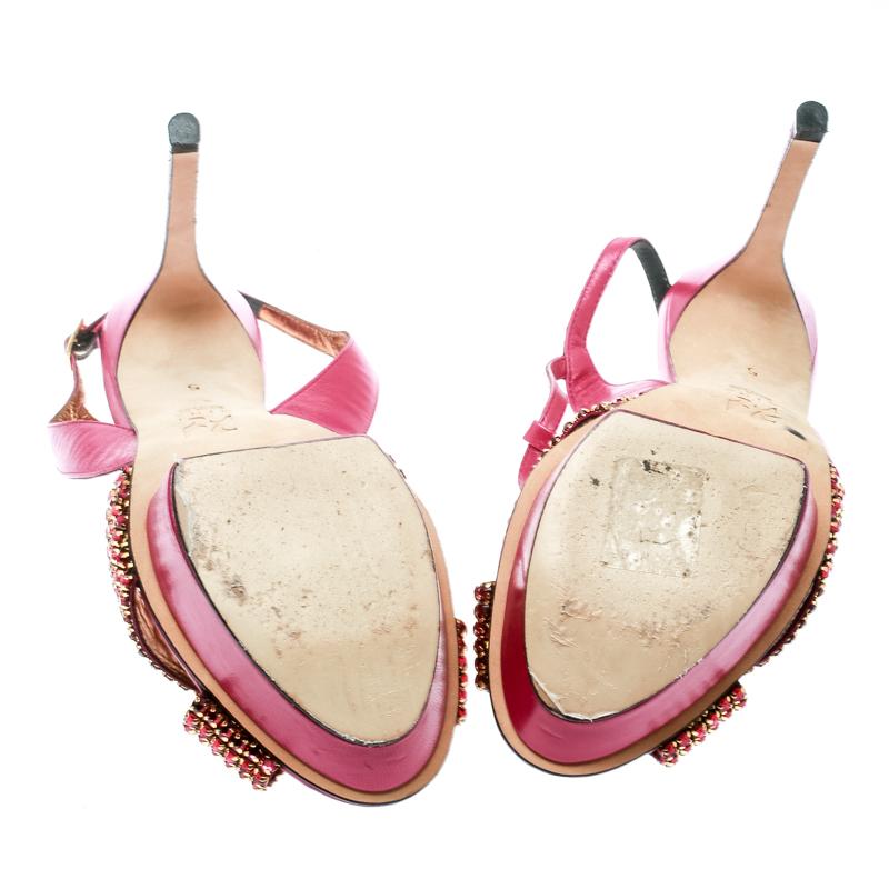 Gina Pink Crystal Embellished Leather T Strap Platform Sandals Size 38 2