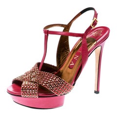 Gina Pink Crystal Embellished Leather T Strap Platform Sandals Size 38