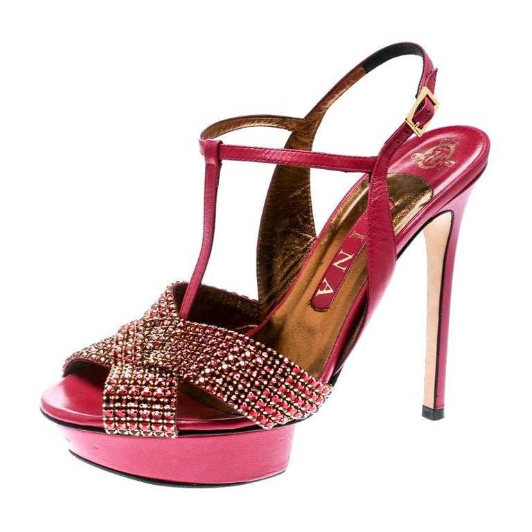 Gina Pink Crystal Embellished Leather T Strap Platform Sandals Size 38 ...