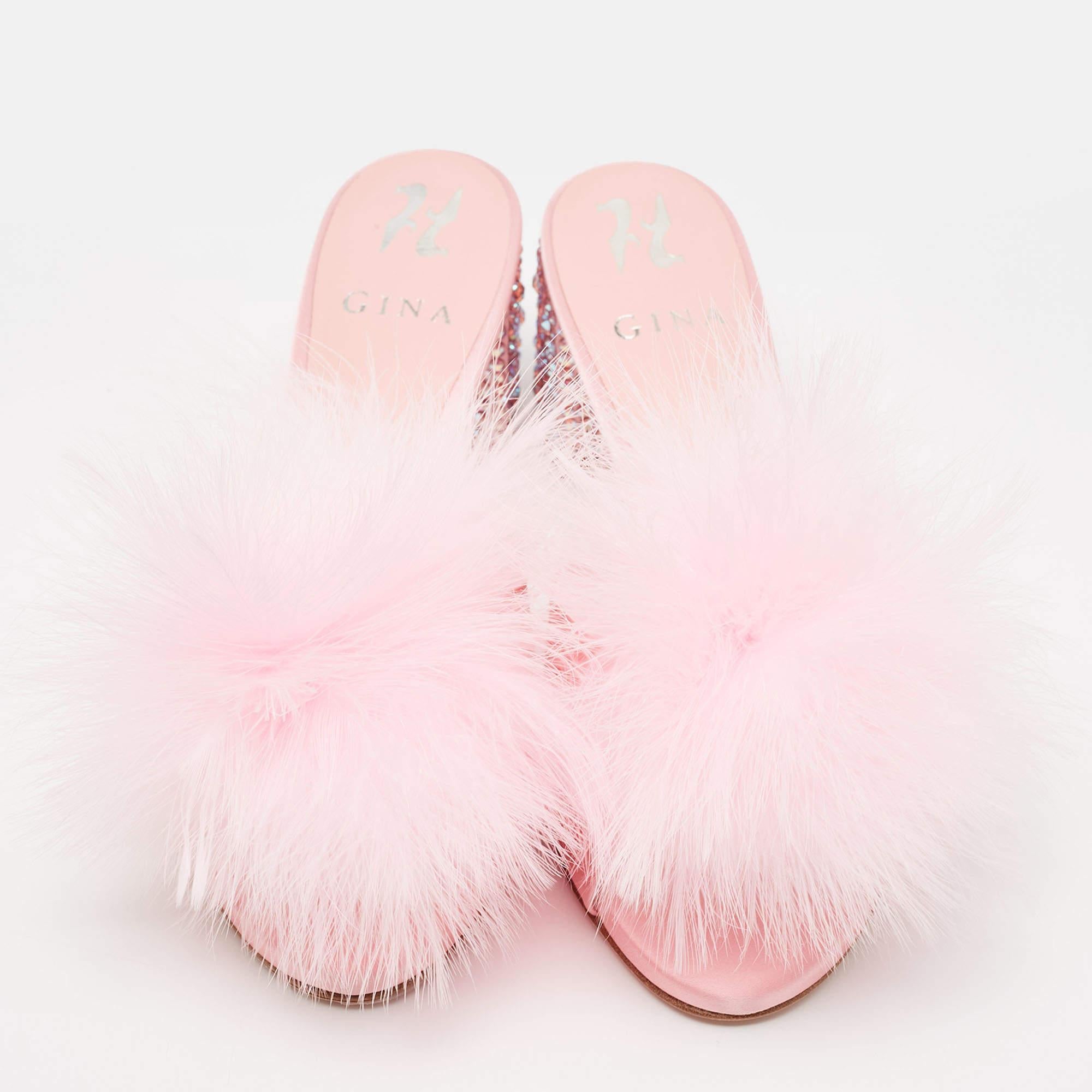 Gina Pink Satin and Fur Cindy Crystal Embellished Heel Slide Sandals Size 39 In Excellent Condition In Dubai, Al Qouz 2