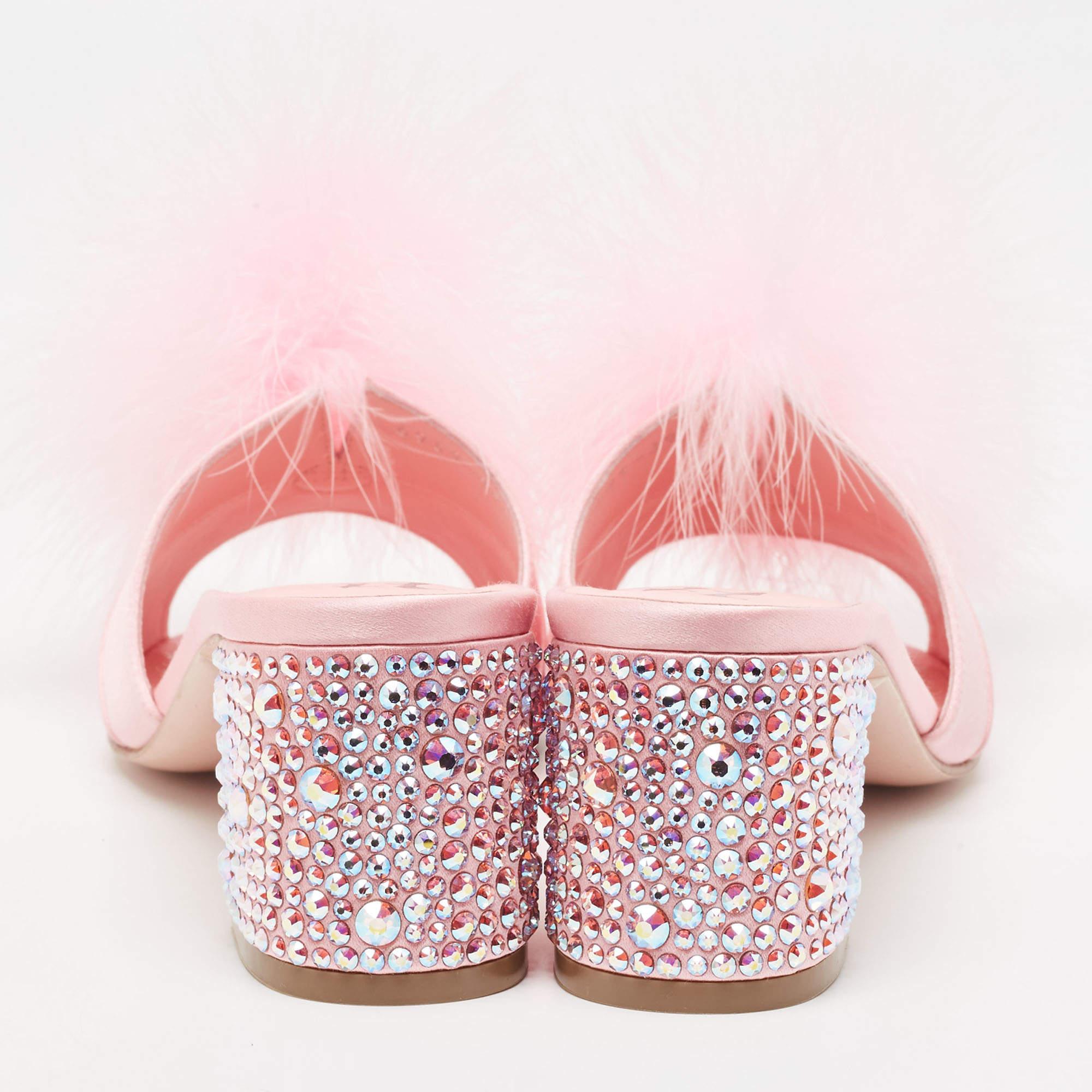 Women's Gina Pink Satin and Fur Cindy Crystal Embellished Heel Slide Sandals Size 39