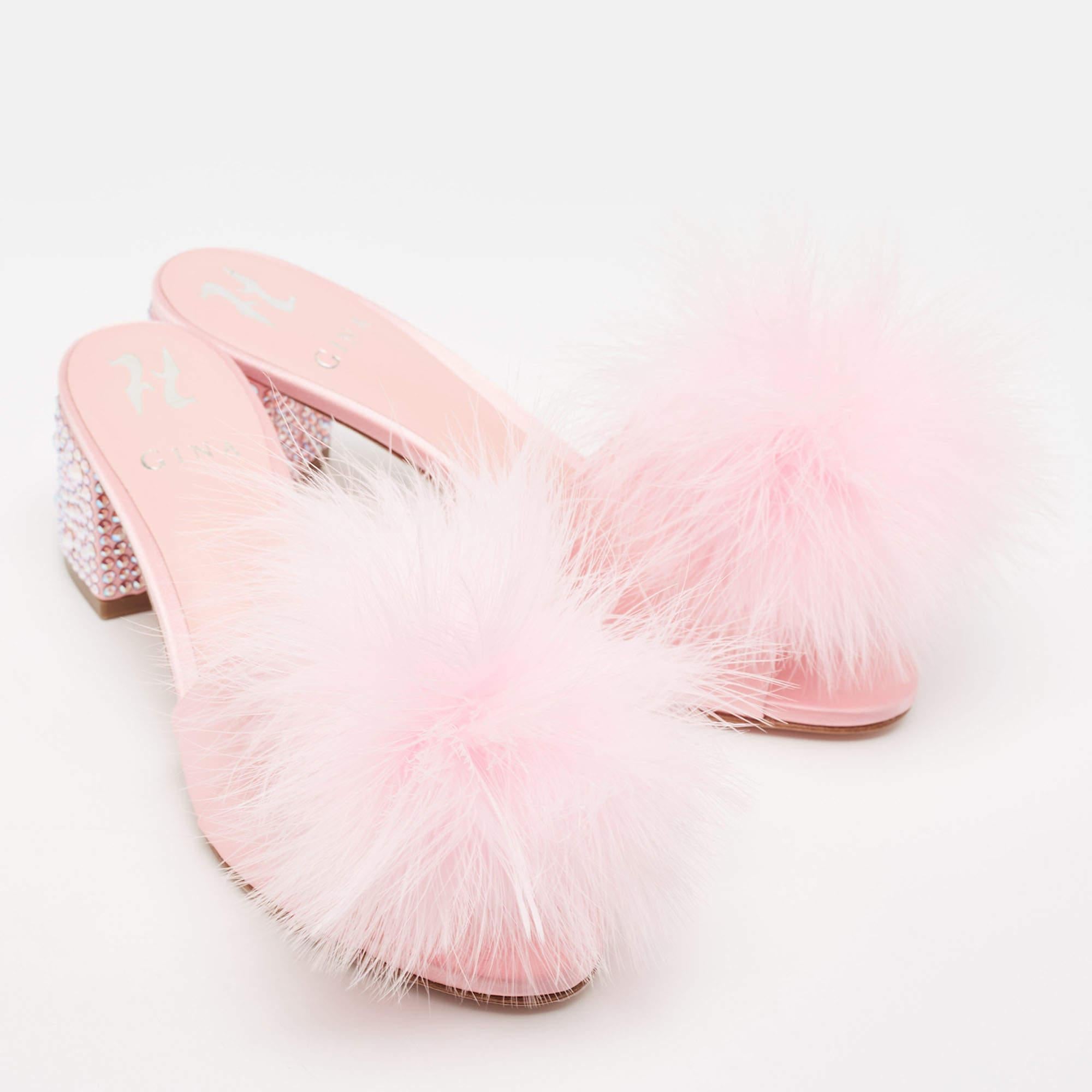 Gina Pink Satin and Fur Cindy Crystal Embellished Heel Slide Sandals Size 39 1