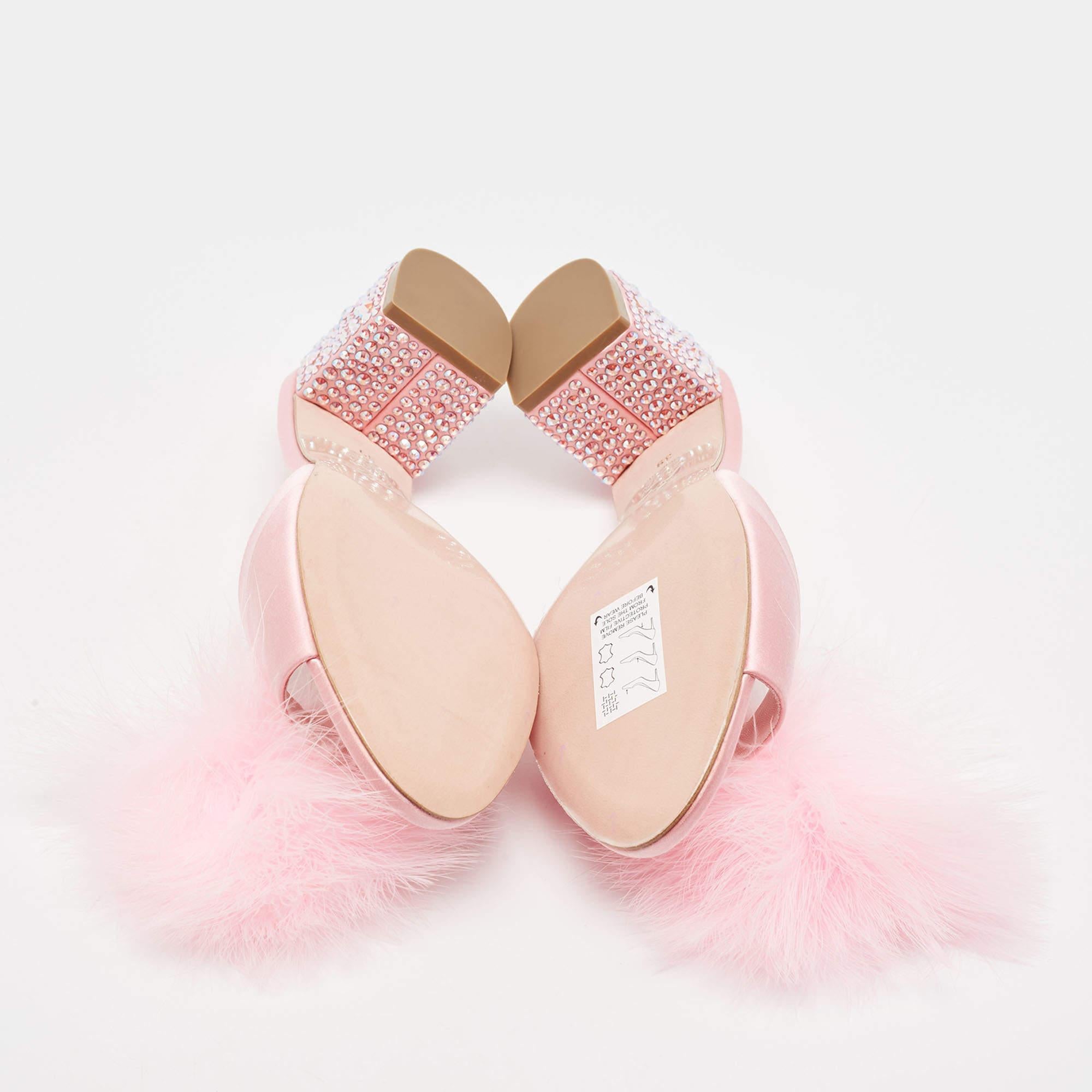 Gina Pink Satin and Fur Cindy Crystal Embellished Heel Slide Sandals Size 39 3