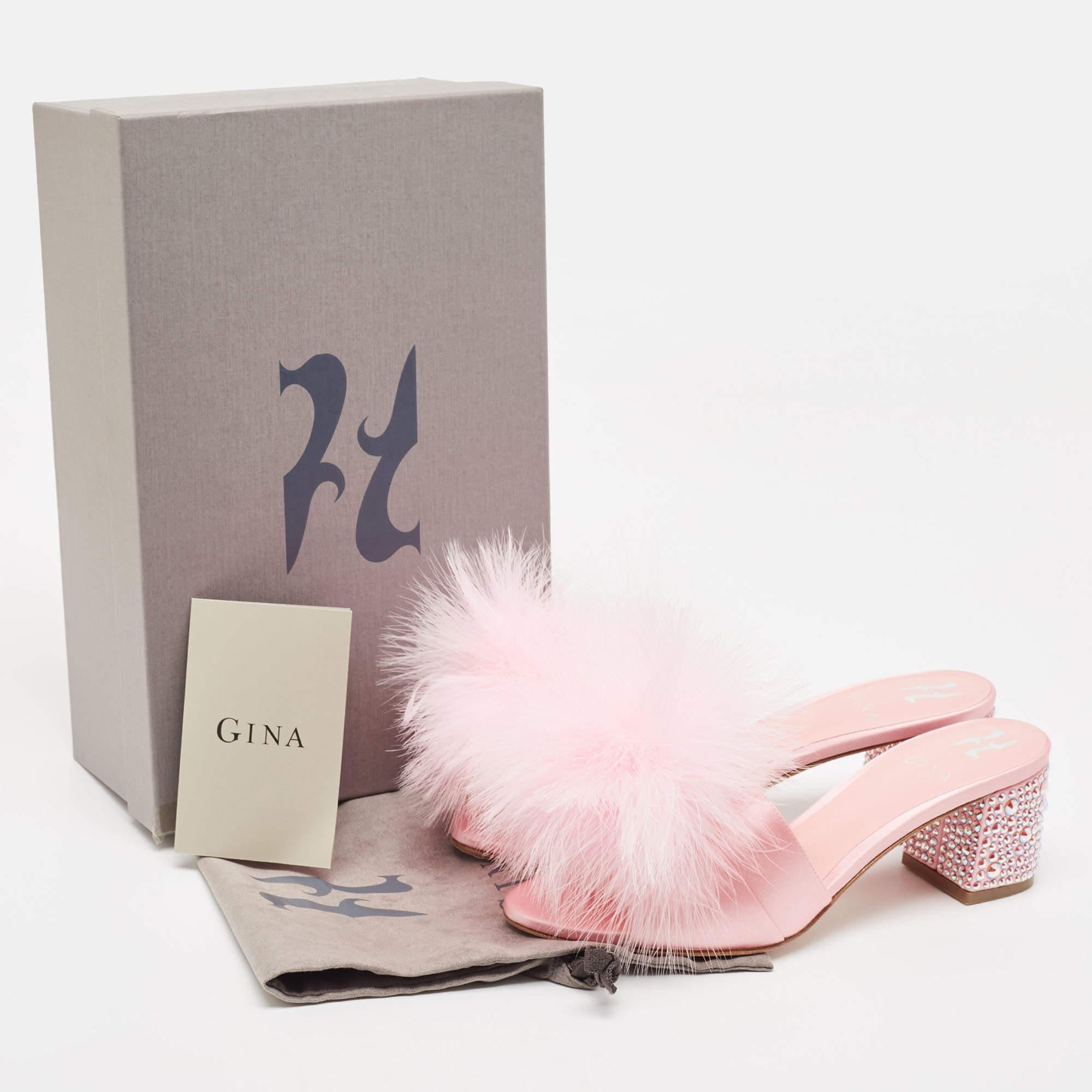 Gina Pink Satin and Fur Cindy Crystal Embellished Heel Slide Sandals Size 39 4