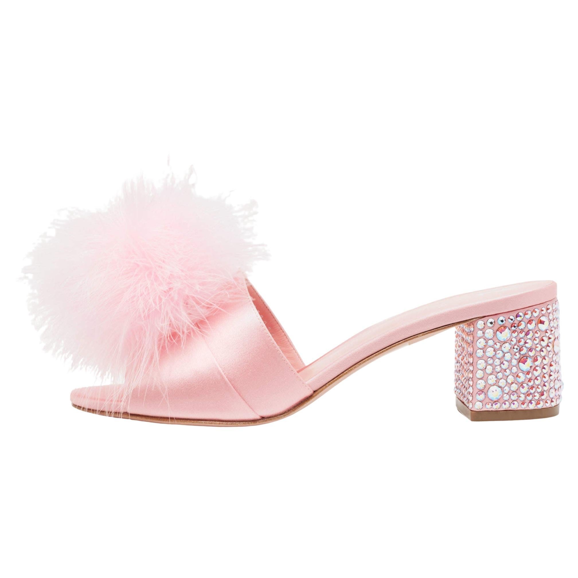 Gina Pink Satin and Fur Cindy Crystal Embellished Heel Slide Sandals Size 39