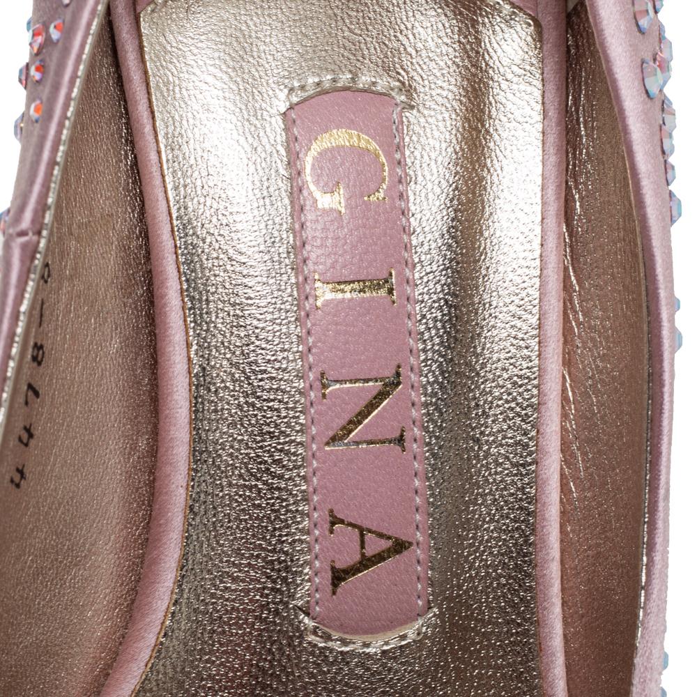 Gina Pink Satin Crystal Embellished Peep Toe Pumps Size 37 In Good Condition In Dubai, Al Qouz 2