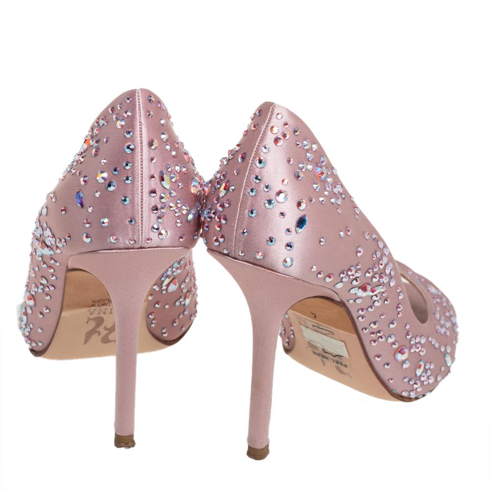 Women's Gina Pink Satin Crystal Embellished Peep Toe Pumps Size 37