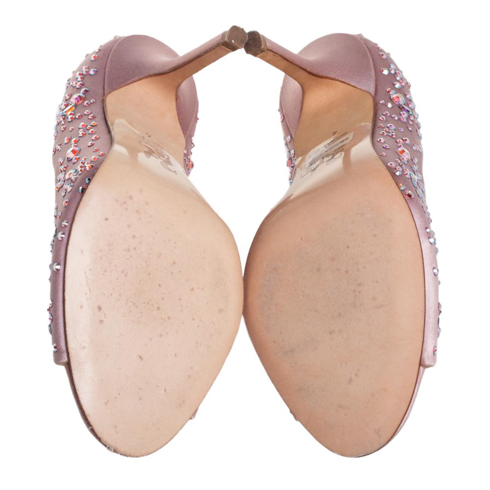 Gina Pink Satin Crystal Embellished Peep Toe Pumps Size 37 1