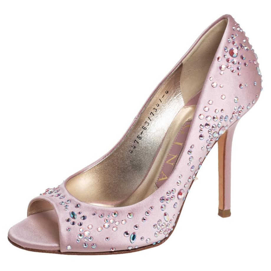 Gina Pink Satin Crystal Embellished Peep Toe Pumps Size 37