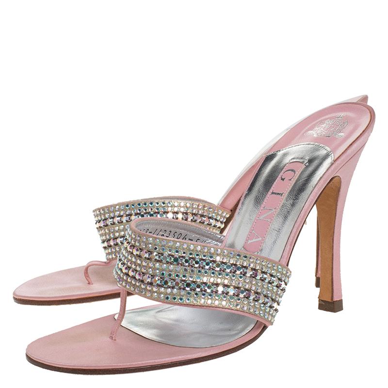 Gina Pink Satin Crystal Embellished Thong Sandals Size 38.5 2