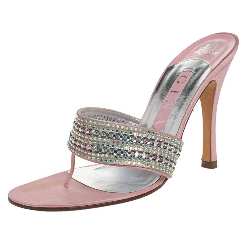 Gina Pink Satin Crystal Embellished Thong Sandals Size 38.5