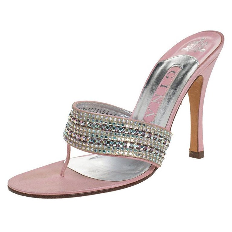 Gina Pink Satin Crystal Embellished Thong Sandals Size 38.5 For Sale at  1stDibs