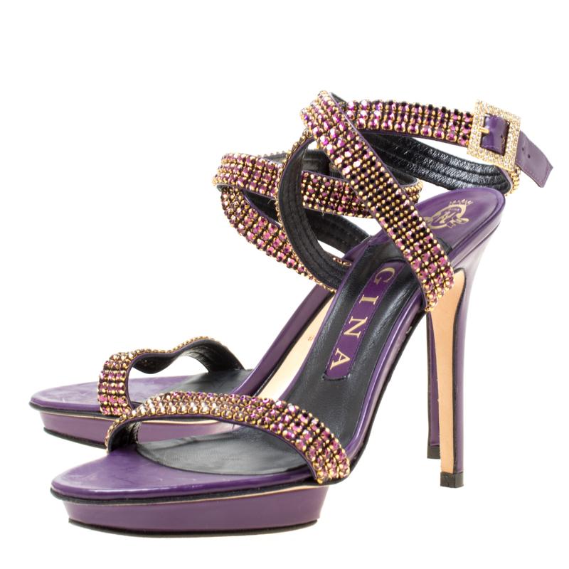 Gray Gina Purple Crystal Embellished Leather Cross Ankle Strap Sandals Size 37