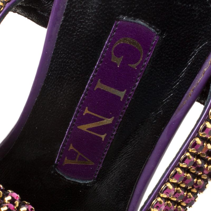 Gina Purple Crystal Embellished Leather Cross Ankle Strap Sandals Size 37 In Good Condition In Dubai, Al Qouz 2
