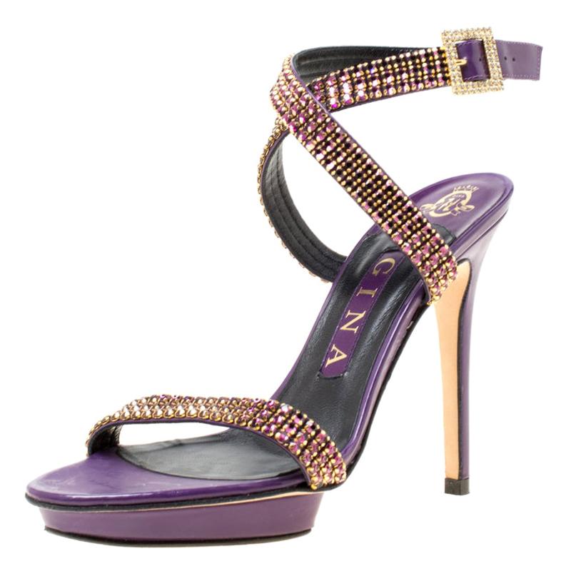 Gina Purple Crystal Embellished Leather Cross Ankle Strap Sandals Size ...