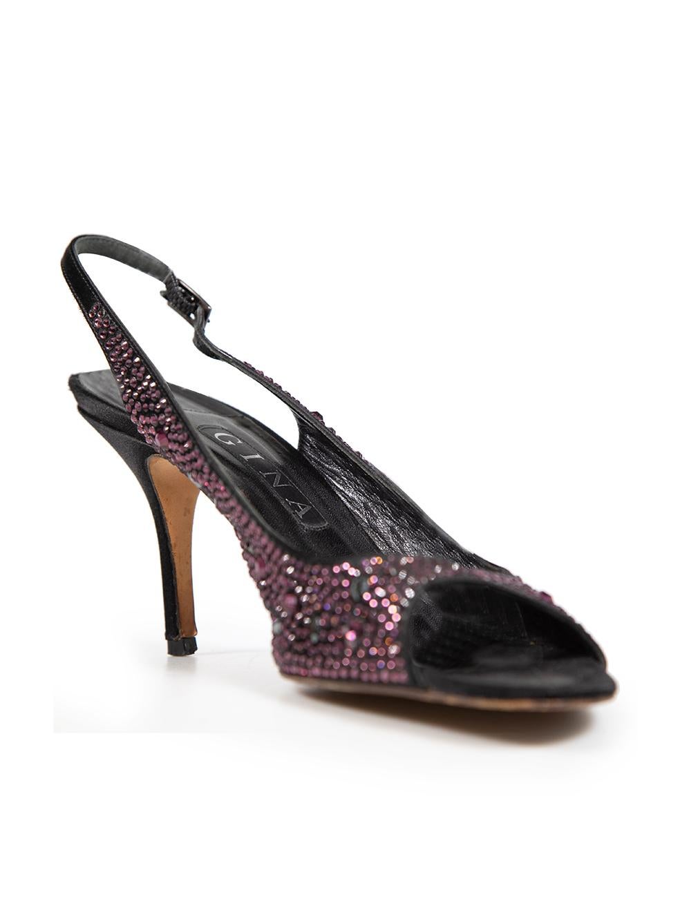 CONDITION is Very good. Minimal wear to heel is evident. Light signs of wear to the right side of the right shoe where a missing crystal can be seen and the insole is slightly peeling away at the back of the right shoe on this used Gina designer