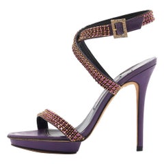 Gina Purple Leather Crystal Embellished Ankle Strap Sandals Size 38