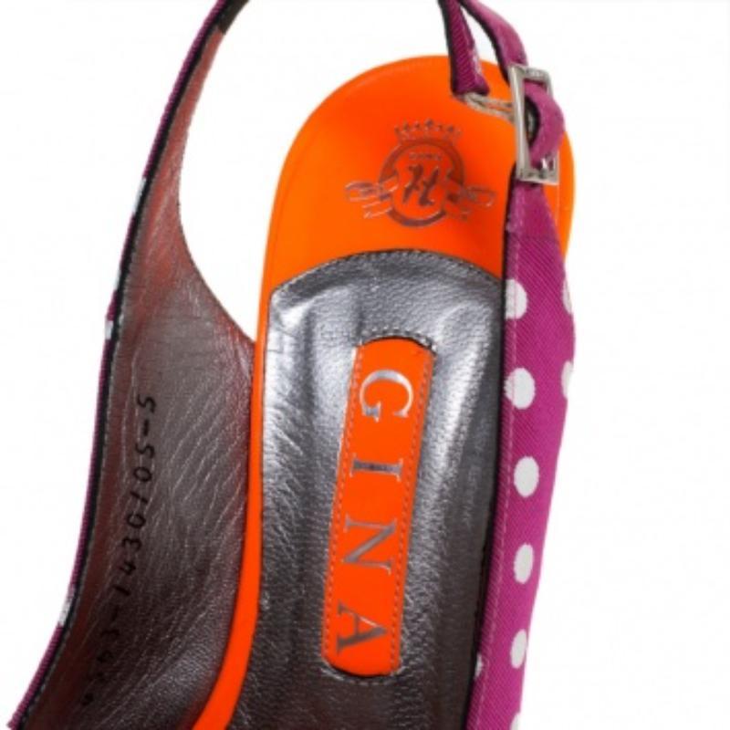 Rosa Fabina Purple/Orange Polka Dot Fabric Patent Open Toe Slingback Sandals Taglia 38 in vendita